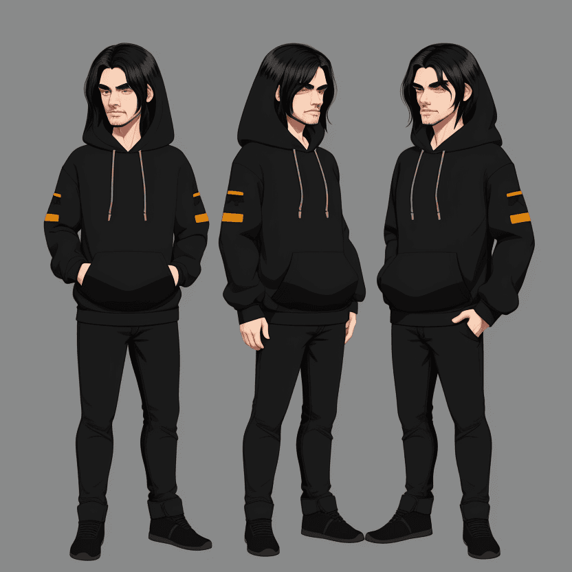 AI generated: Create 1 male character, solo, wearing Hoodie, small short beard, long straight black hair,  simple,...