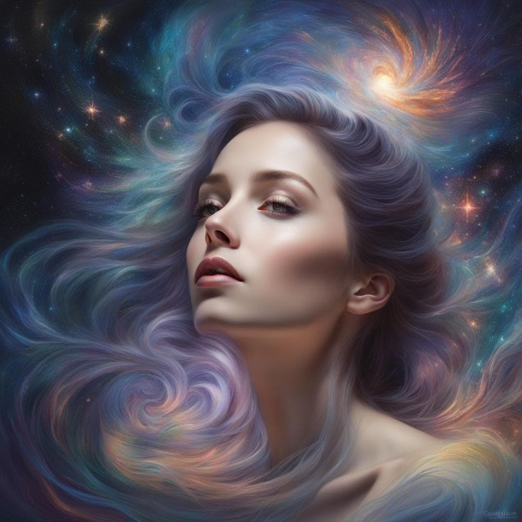AI generated: In this captivating portrait, the subject is portrayed with an otherworldly and dreamlike quality. T...