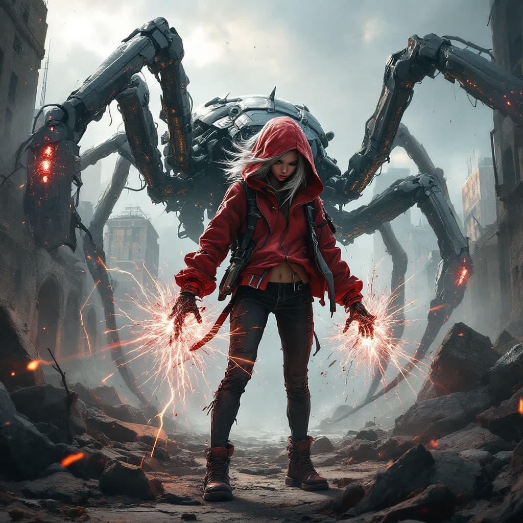 AI generated: full body view of a Girl Shining silver short hair peeking from under a stylish hooded red jacket, s...