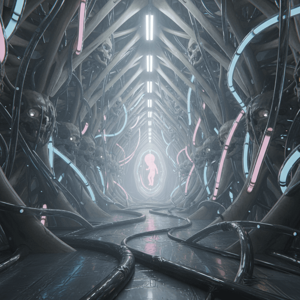 AI generated: Slow, cinematic dolly-in through a Flesh Cathedral. Translucent biomech tubes writhe and pulsate wit...