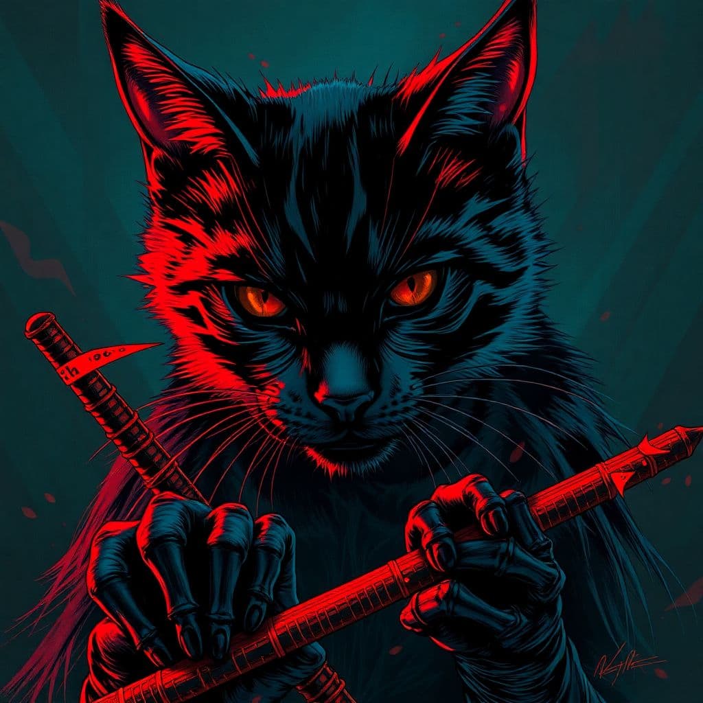 AI generated: the art of black cat, in the style of junglecore, haunting imagery, jan matejko, miyamoto musashi, r...
