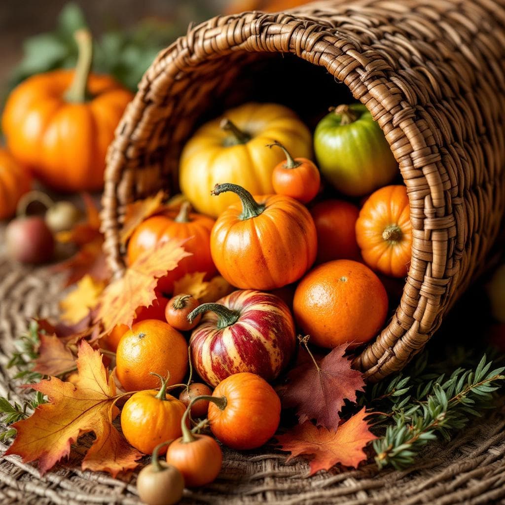 AI generated: Close-up of cornucopia texture with woven wicker, filled with fall produce – ideal for Thanksgiving ...