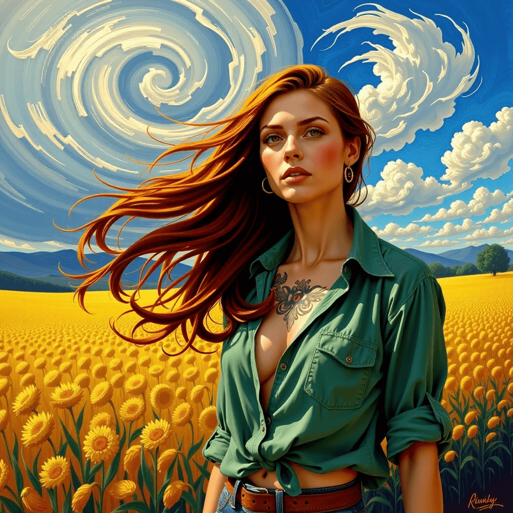 AI generated: Die glÃ¼henden Weizenfelder der Provence unter einem turbulenten, wirbelnden Himmel, im expressiven ...