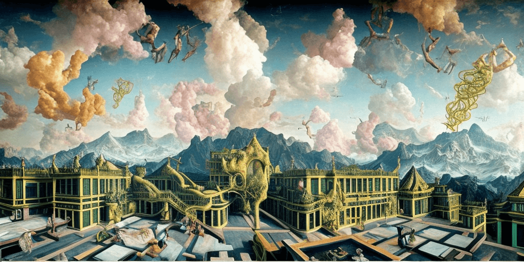 AI generated: oil painting, abstract, rooftop, neo rauch, painting with incomparable reality, intricate details