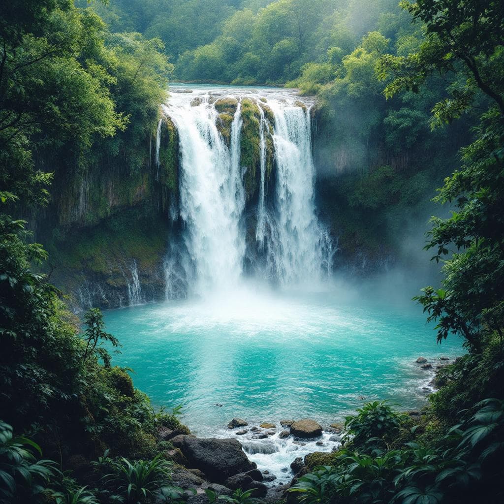 AI generated: A towering waterfall crashing into a turquoise lagoon, lush jungle surroundings, vibrant greens.
