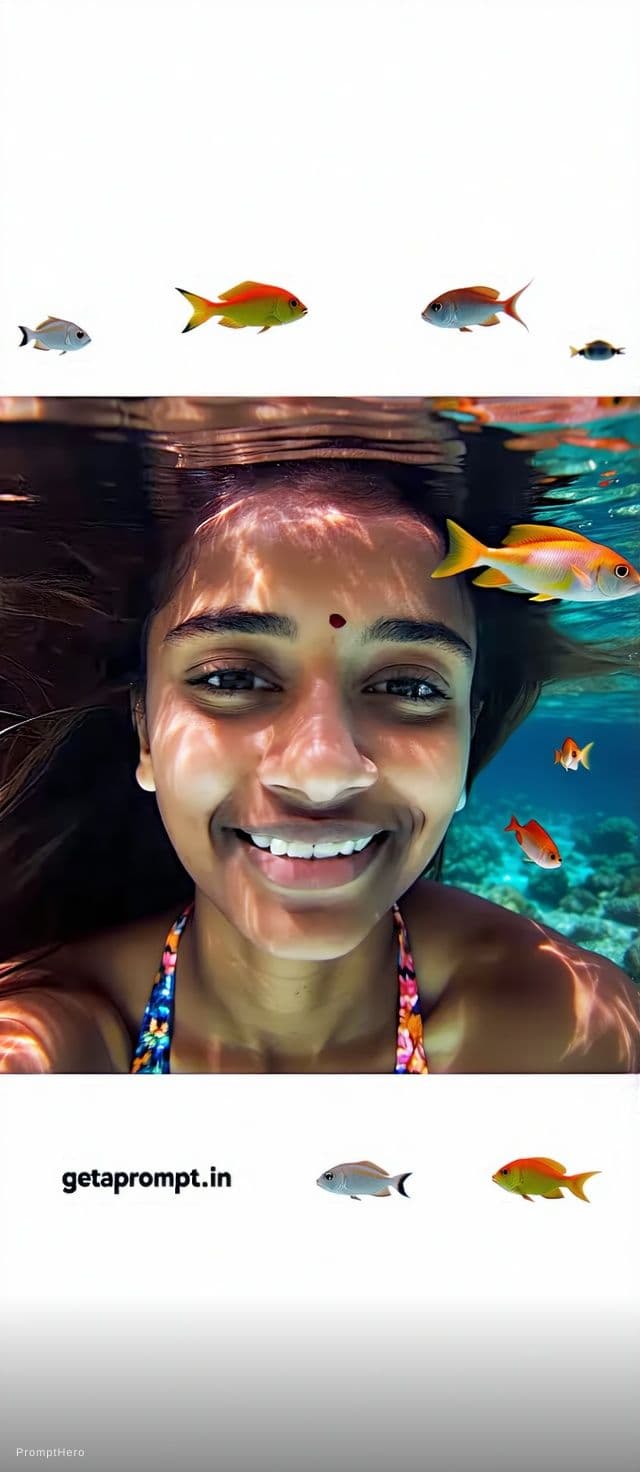 AI generated: creative split-level underwater shot of an Indian woman, [same 100% identical face uploaded], [SKIN_...