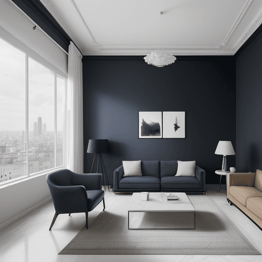 AI generated: high resolution photography interior design, basic living room, light brown marble floor, big window...