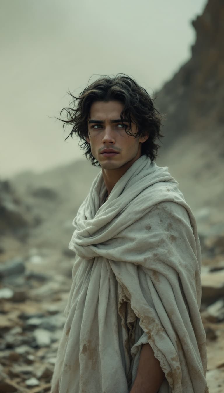 AI generated: A cinematic dolly-out shot of a young man with a soft Sufi-style white robe, standing alone in a sha...