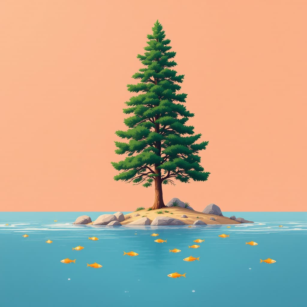 AI generated:  "An evergreen tall tree standing in isolation on the bank of a light blue see through colored river...