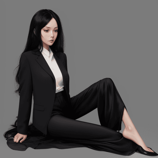 AI generated: woman black hair long, silk pants, no jacket , 