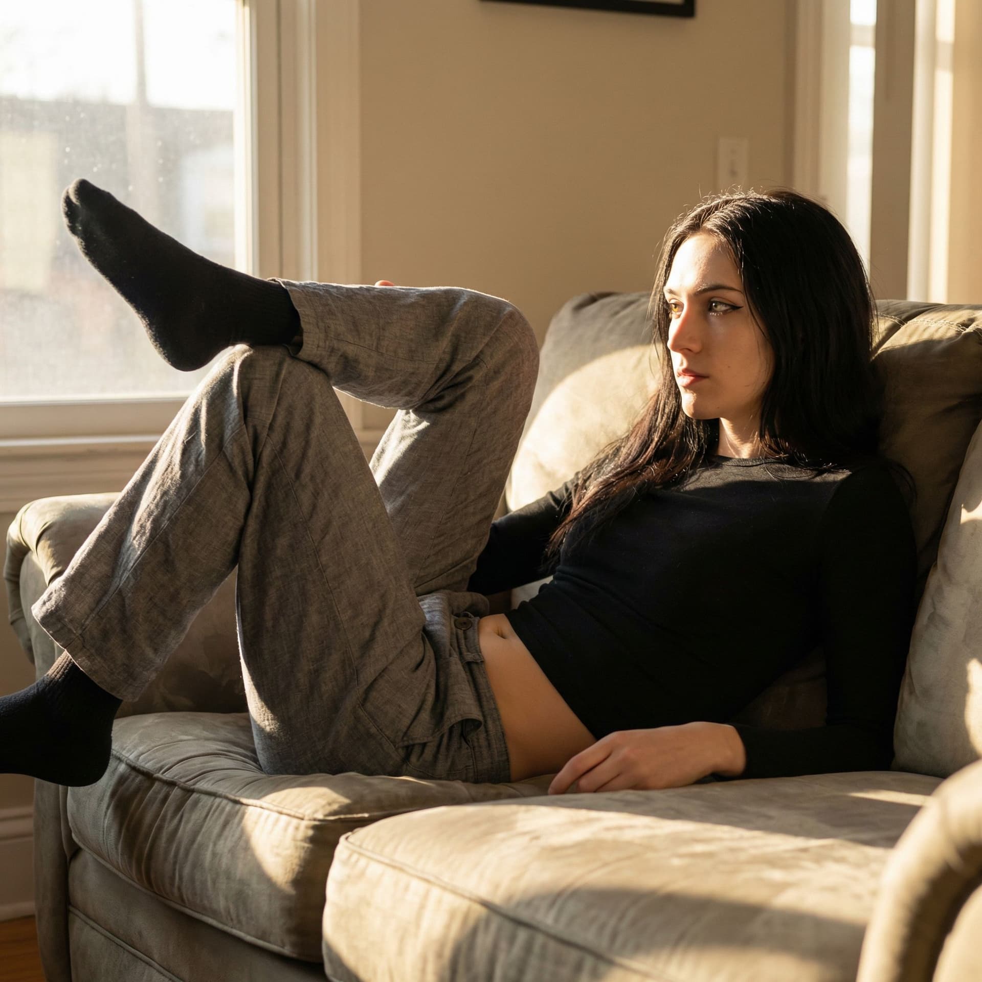 AI generated: Laying sideways on sofa, resting on one elbow, long hair, slender, slim black shirt, tanned, legs, f...