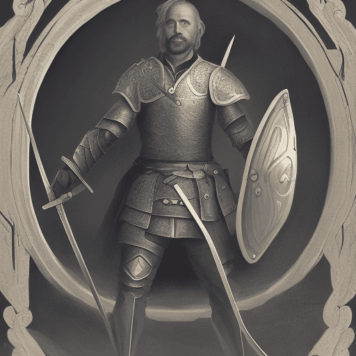 AI generated: Portrait of a mid-age warrior with a sword and a round shield in the style of The Dark Eye