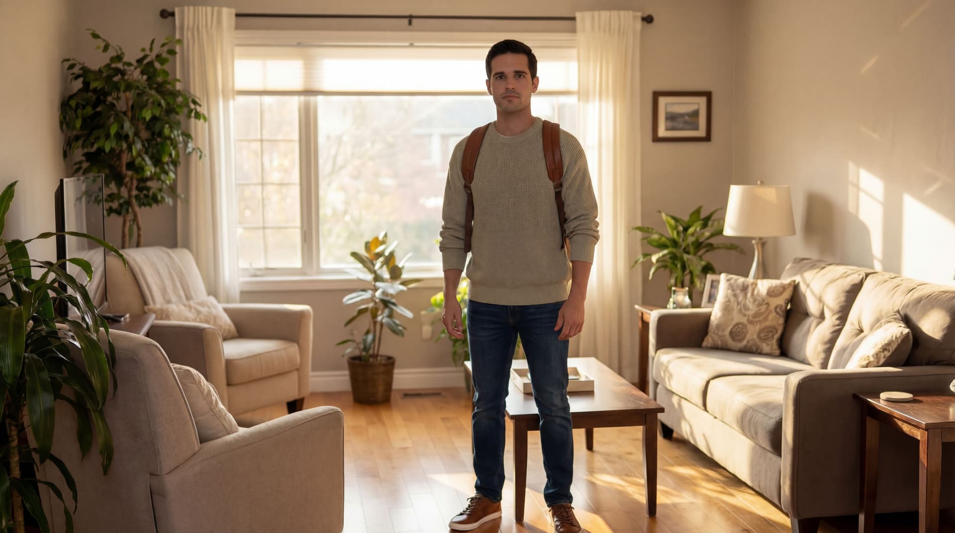 AI generated: the model is wearing a light neutral green loose sweater, dark blue jeans, brown leather sneakers. T...