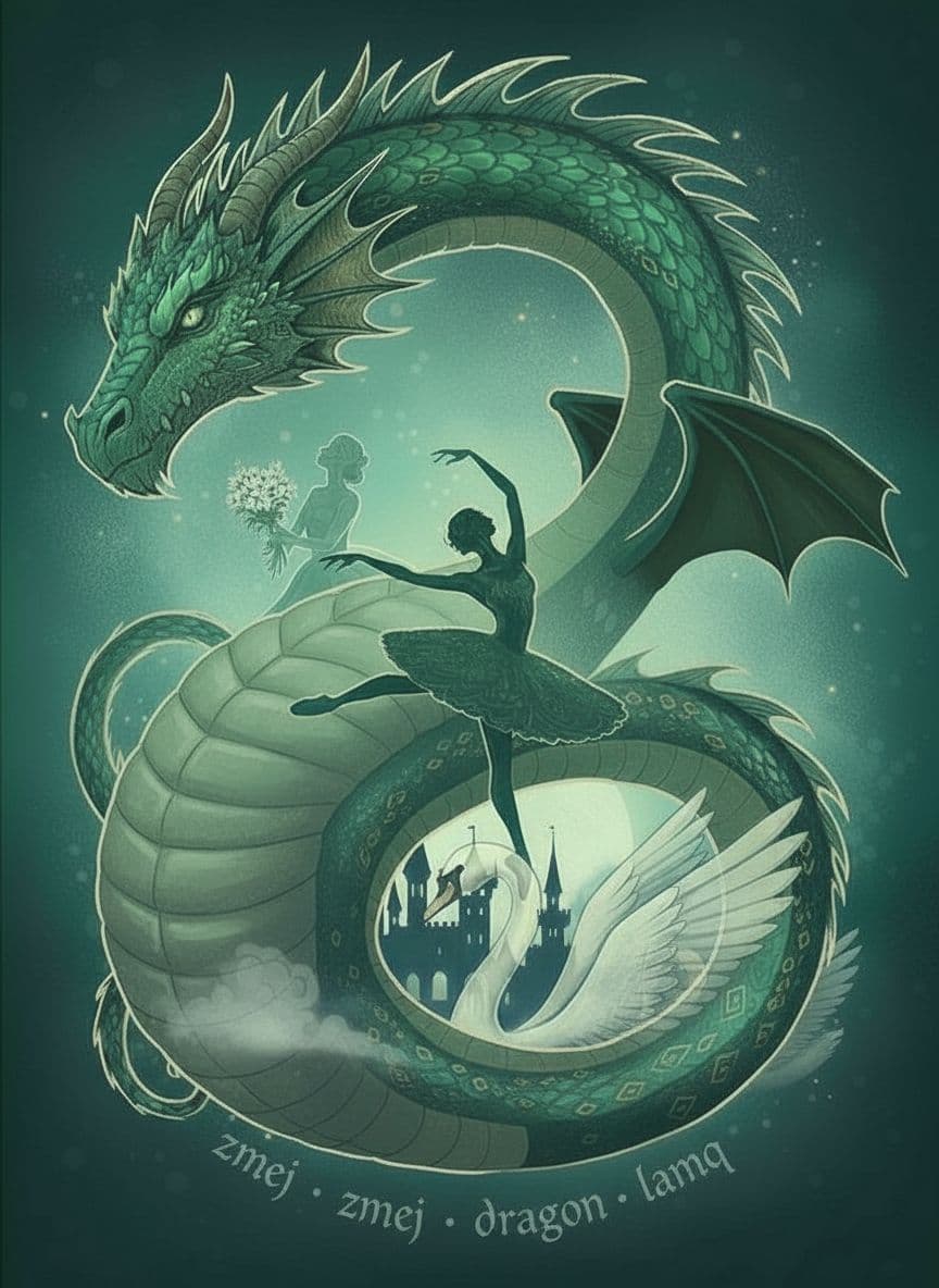 AI generated: save all of the image- style, ballerinas, castle, swan, moon, colors..., add fat body of the dragon,...