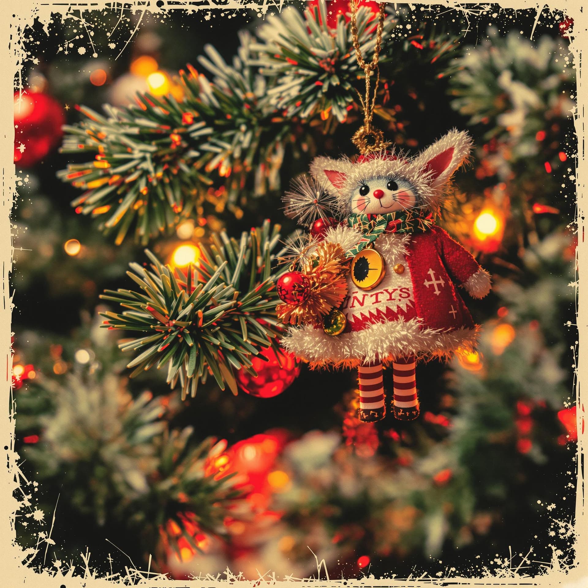 AI generated: in the style of rock album covers, Christmas tree toy close-up, red, vintage-inspired designs, detai...