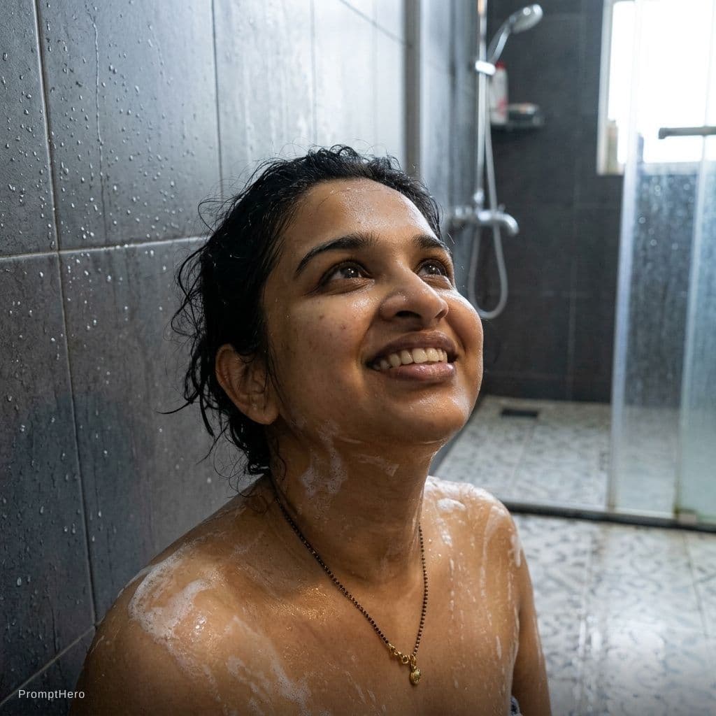 AI generated: The image shows an adult woman in a tiled shower area. She is wet and covered with soap suds across ...