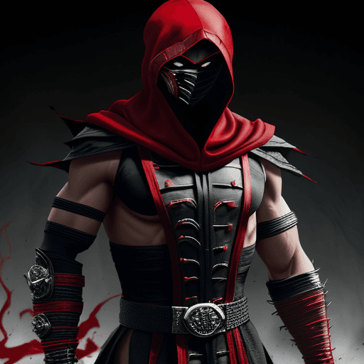 AI generated: Mortal Kombat character Ermac,Fighter Stand Pose ,fullbody Wearing a Red and black tunic made from c...