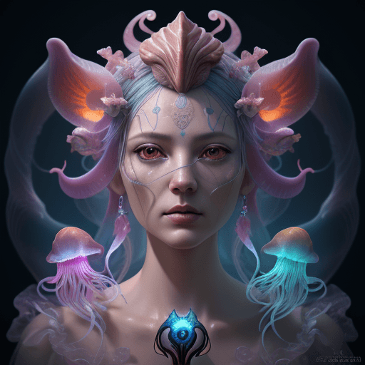 AI generated: Goddess close-up portrait ribcagel. jellyfish phoenix head, nautilus, orchid, skull, betta fish, bio...