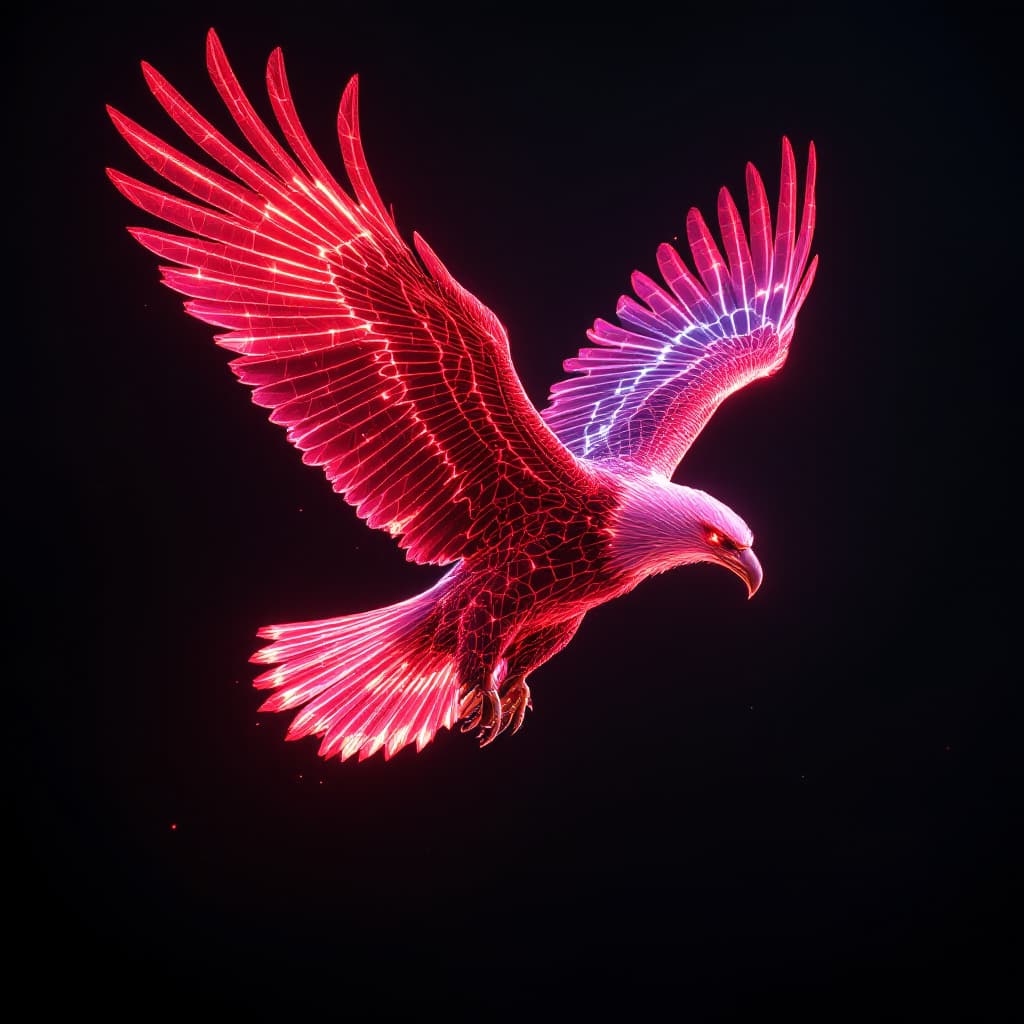 AI generated: eagle flying de perfil derecho  bioluminiscente rojo neón UHD que tenga forma de  escudo militar 