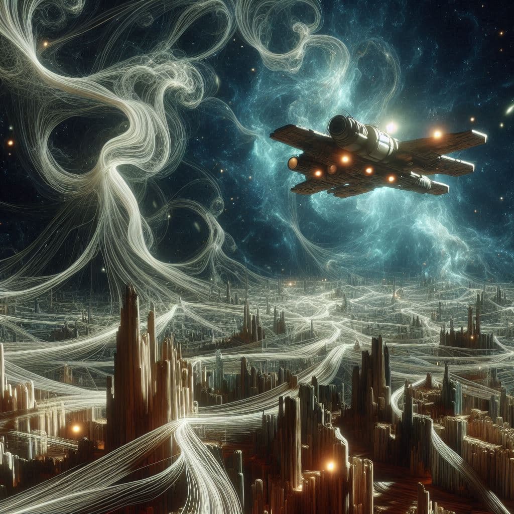 AI generated: In a barely visible foamlike maze glowing white filaments connect areas of condensing darkness in de...