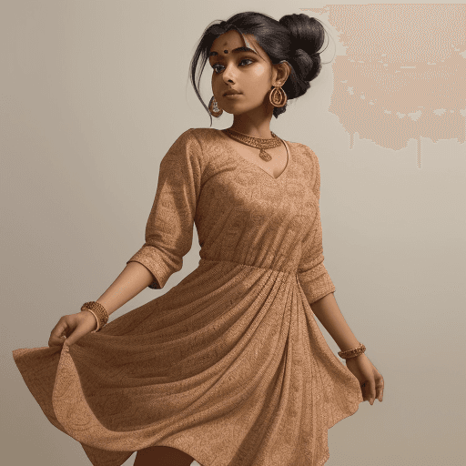 AI generated: An image of a indian girl in mid-step, her left leg forward, body angled to the side, looking over h...