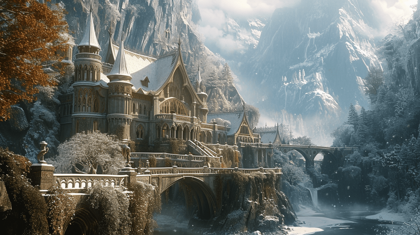 AI generated: https://s.mj.run/B9q7e13tCv8 ::3 https://s.mj.run/GUhJYeF6k28 ::1 snow fall on Rivendell in the wint...