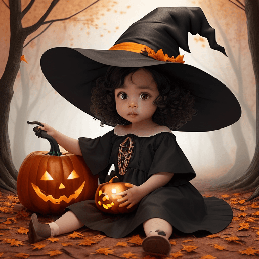 AI generated: a cute and adorable toddler girl tan skin and short curly black hair, wearing a witch hat in a hallo...