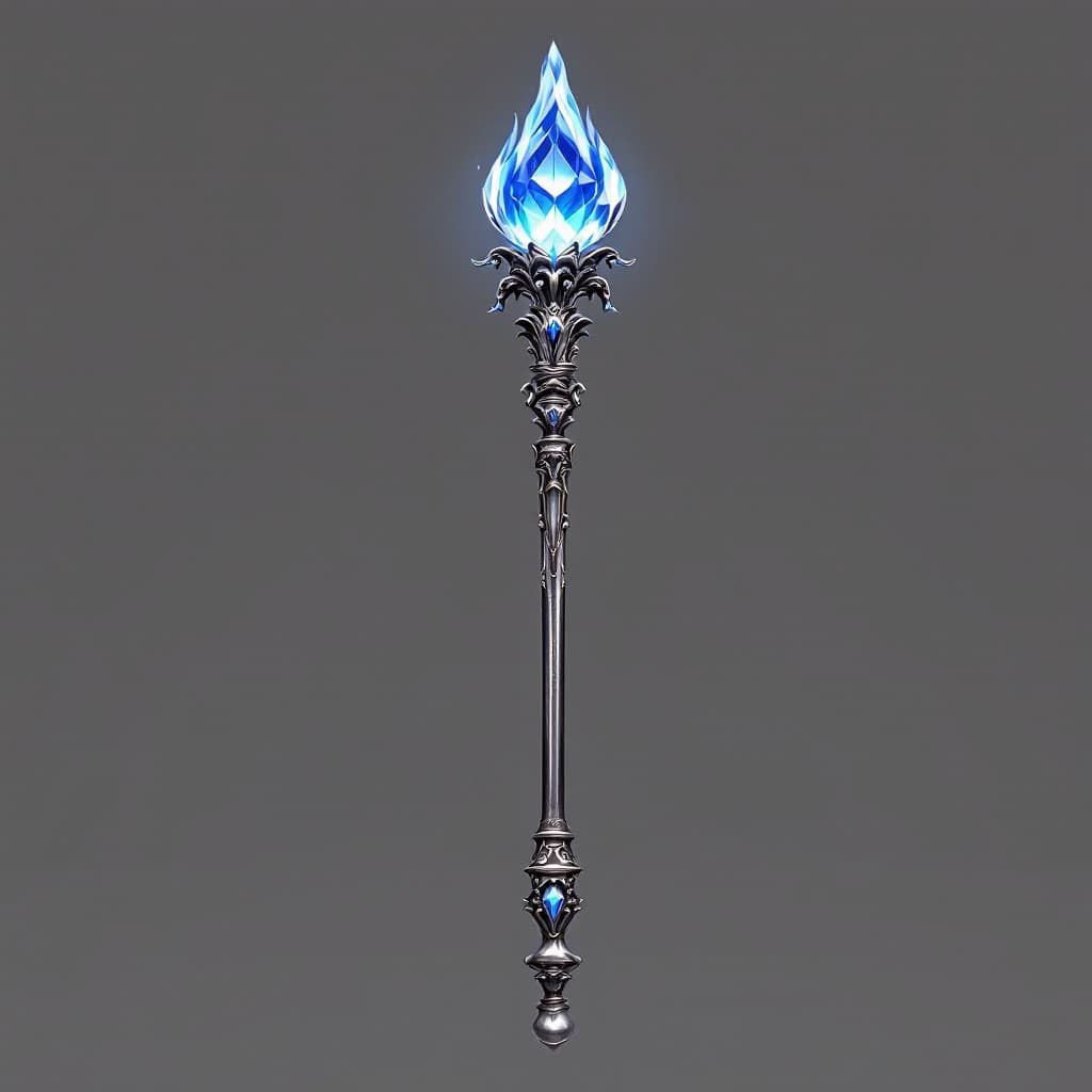 AI generated: Two foot long ornate, kingly silver scepter, rounded bottom, multifaceted gem cut into a flame on to...
