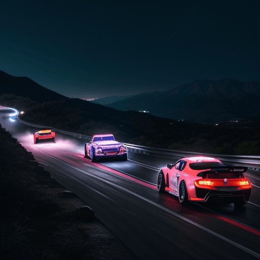 AI generated: Japanese drifting cars on a mountain road at night with spectators on the sides. Show dynamic drift ...