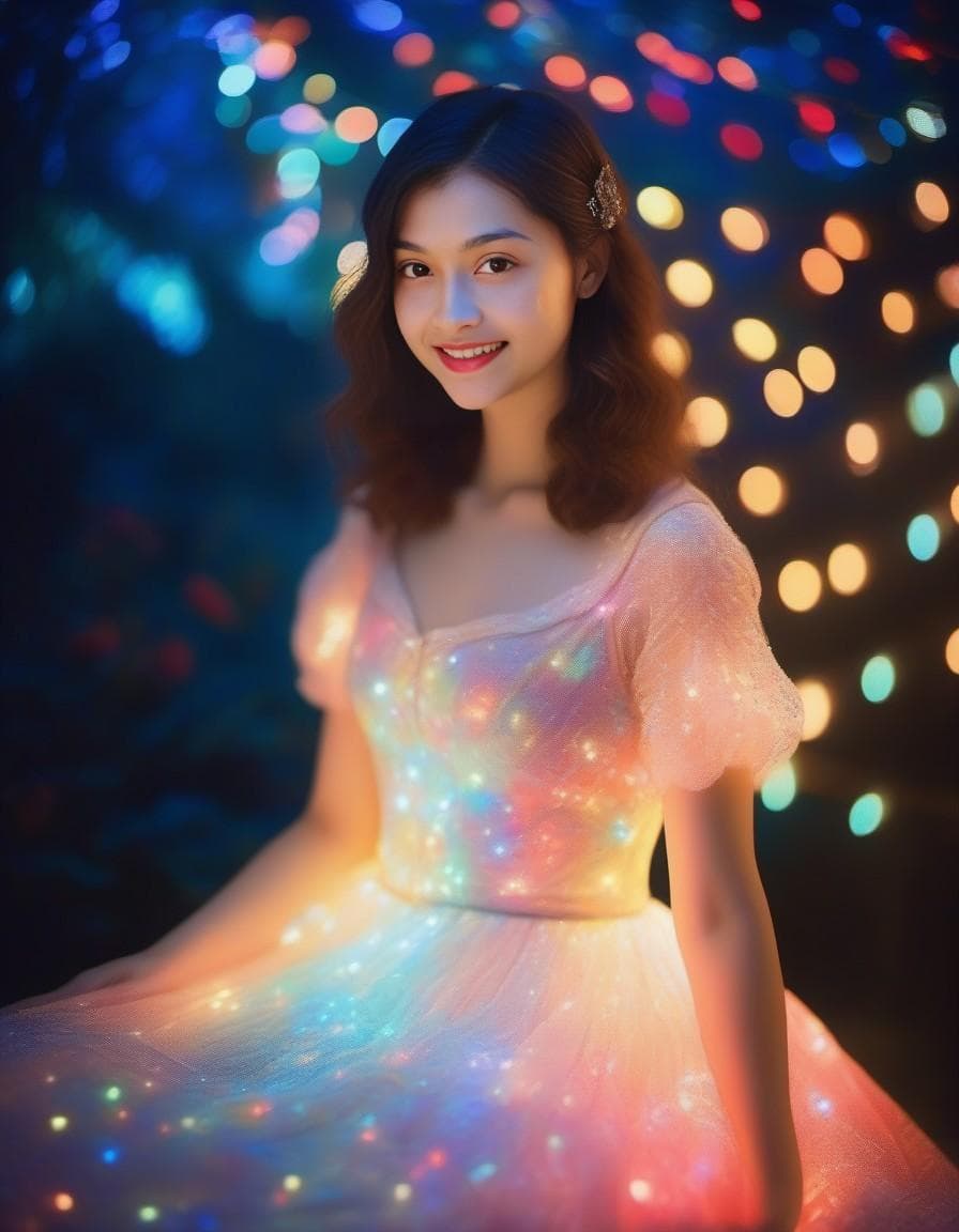 AI generated: Hologram, bioluminescent dress made of bright glowing colorful fairy lights, moonlit night backgroun...