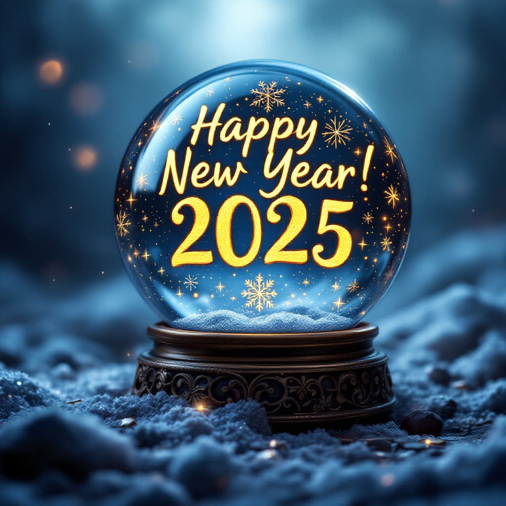 AI generated: a magic ball, it contains a whole world of New Year's magic written "Happy New Year 2025" and "GGbin...