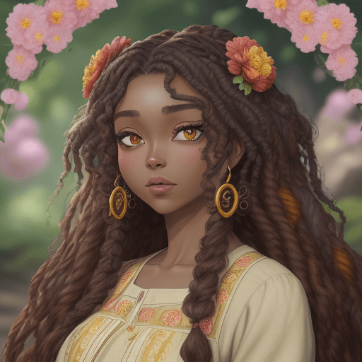 AI generated: English: 2D animated style, full shot, Nyara, with (luminous) skin and large (expressive) brown eyes...