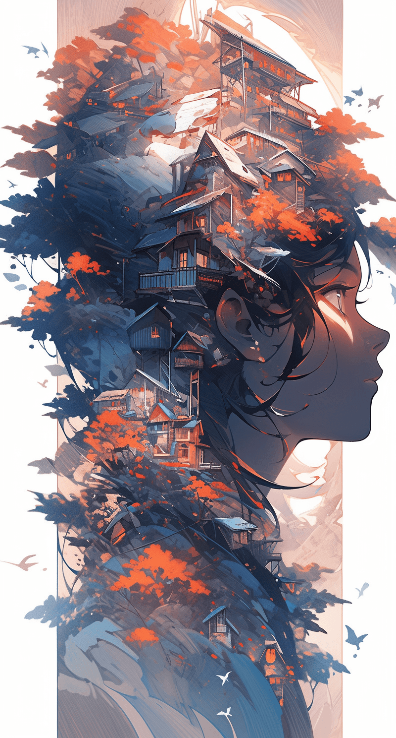 AI generated: a colorful digital artwork of a woman's head and branches, in the style of haunting houses, graceful...