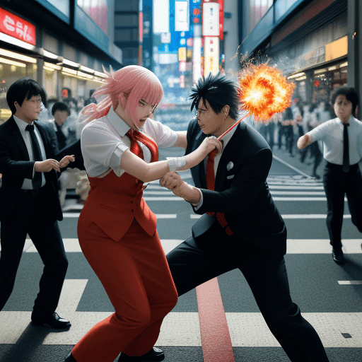 AI generated: A anime fight scene between two business workers. One has flame powers the other has ice. They are f...