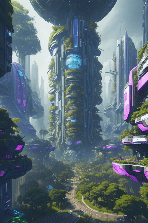 AI generated: a view of a city with a lot of trees and bushes, garden, flying objects beautiful city of the future...