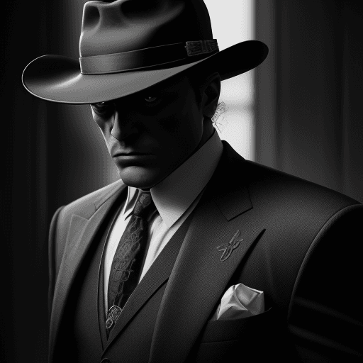 AI generated: Gangster boss, suit, gun, hat, dark, noir, intricate design and details, dramatic lighting, hyperrea...