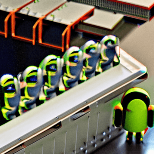 AI generated: Conveyor belt with green Google Android robots being upgraded by faceless engineers