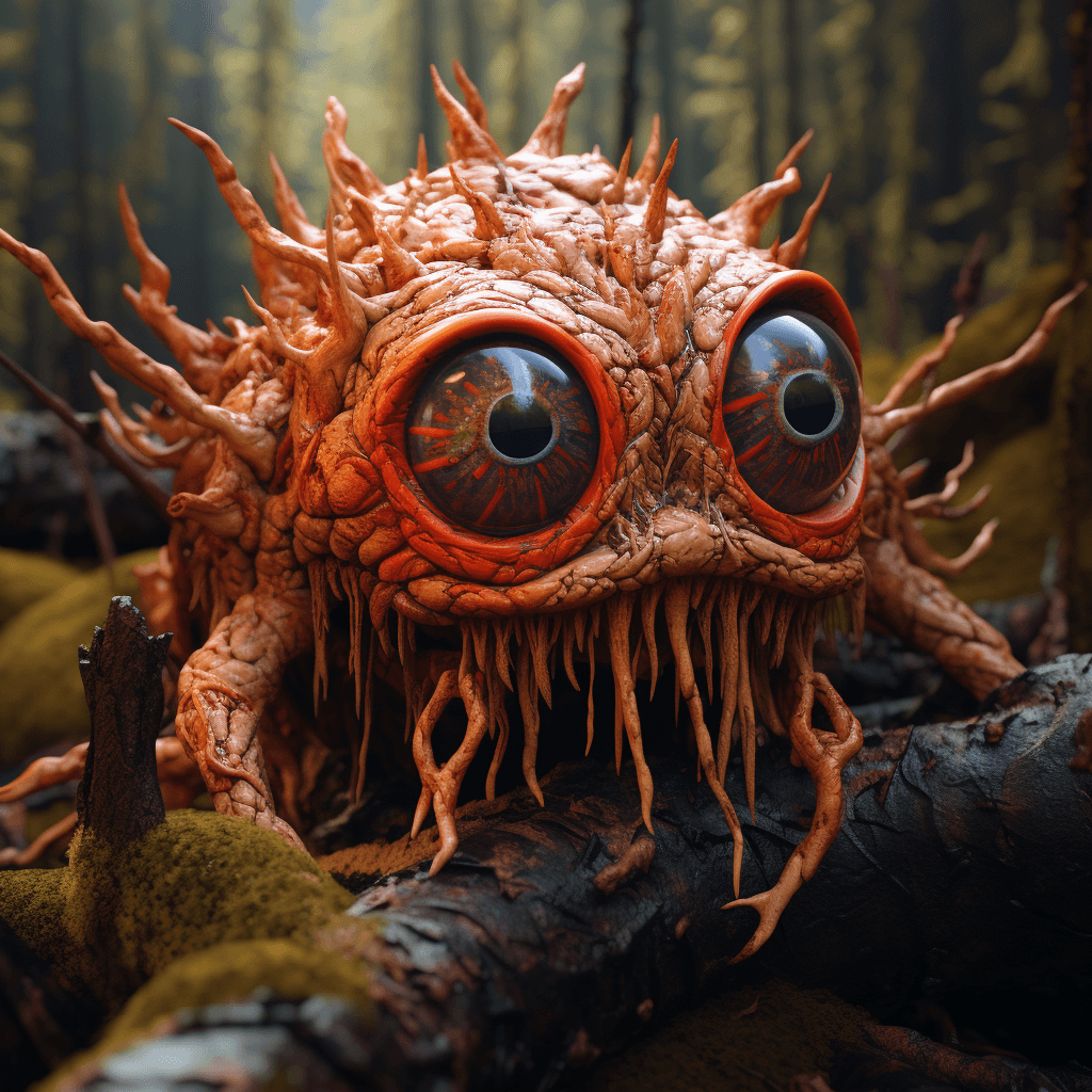 AI generated: a scary looking wood creature with a red eye, in the style of filip hodas, daz3d, sandy skoglund, na...