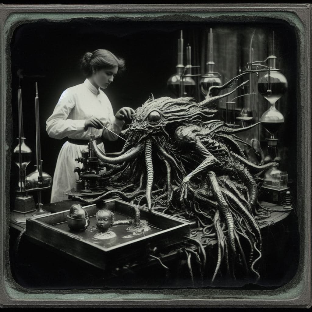 AI generated: detailed and intricate square daguerreotype photograph of a scientist dissecting a shoggoth in a lab...