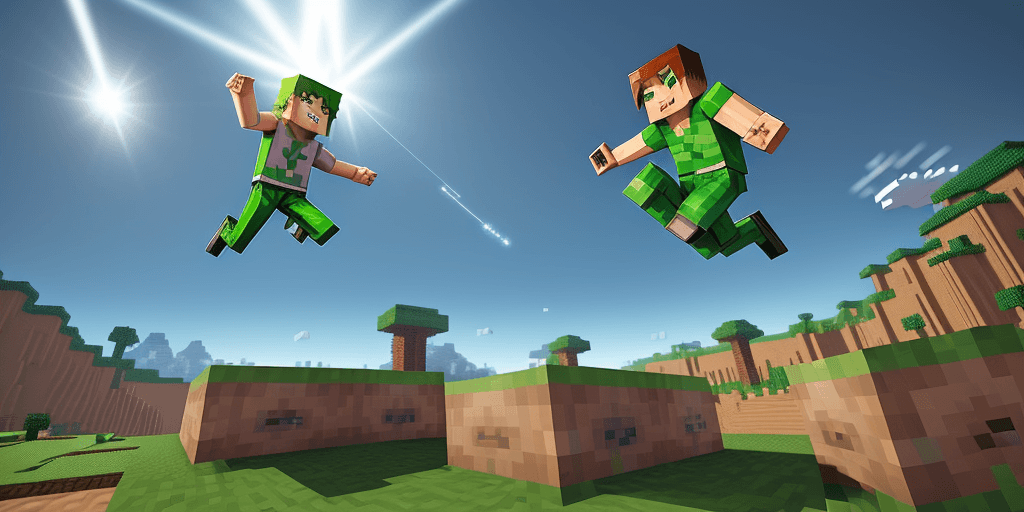 AI generated: minecraft style character boy jumping up in the air shooting laser gun in the jump, feet of the grou...