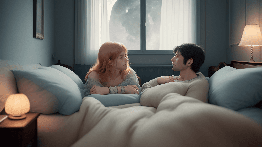 AI generated: High resolution photograph of two people in bed, the first person in the foreground is seen out of f...