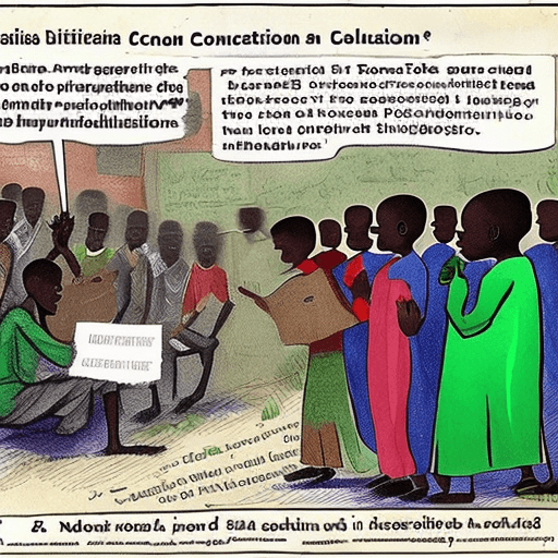 AI generated: nigeria, colonialization, education, 2 persons, speech bubbles in english, poor, satiric, battered, ...