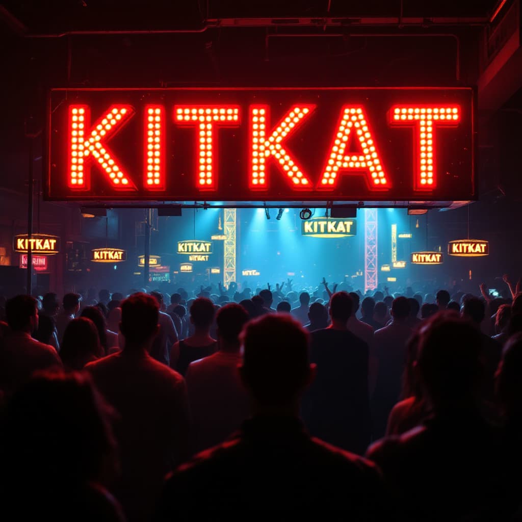 AI generated: Photo, crowded night club, a sign that reads "KITKAT" in neon letters, ultra realistic, focused, ext...