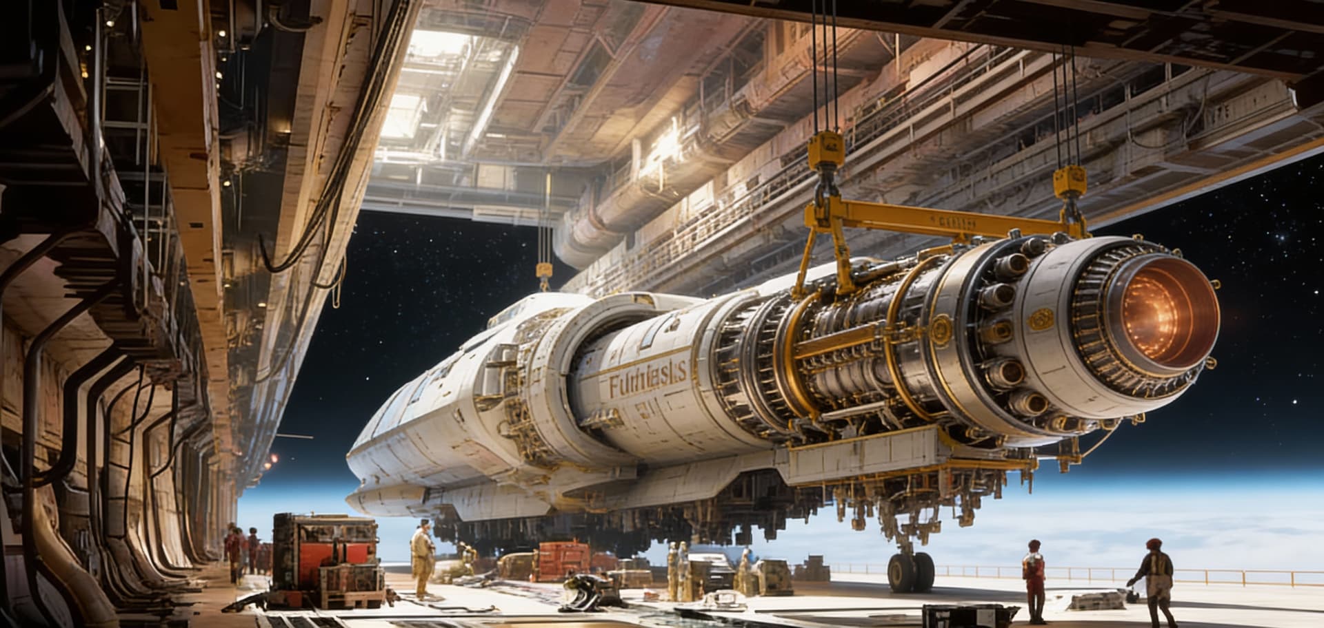 AI generated: Use the Reference Image to reimagine the View of the Futhesis ENGINES installation on any space vess...