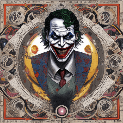 AI generated: the joker:: as a heliocentric Jiangshi Hannya, with ideograms, closeup, side view, album cover trash...