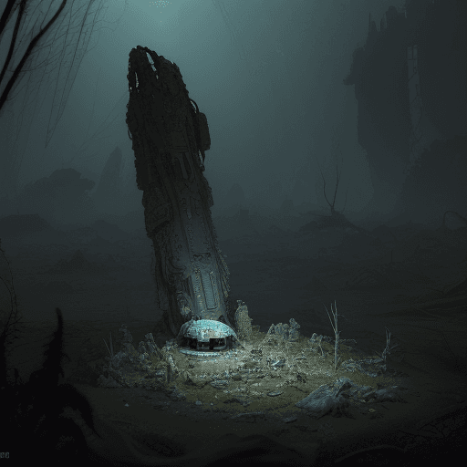 AI generated: highly detailed wreckage of enormous ancient [spaceship:boomerang:10] crash landed on alien planet a...