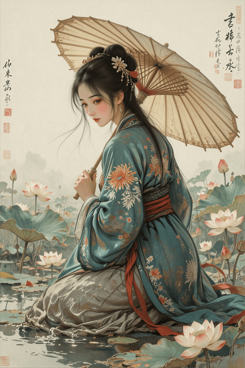 AI generated: The image is a vertical, high-quality digital illustration of a woman in traditional attire, kneelin...