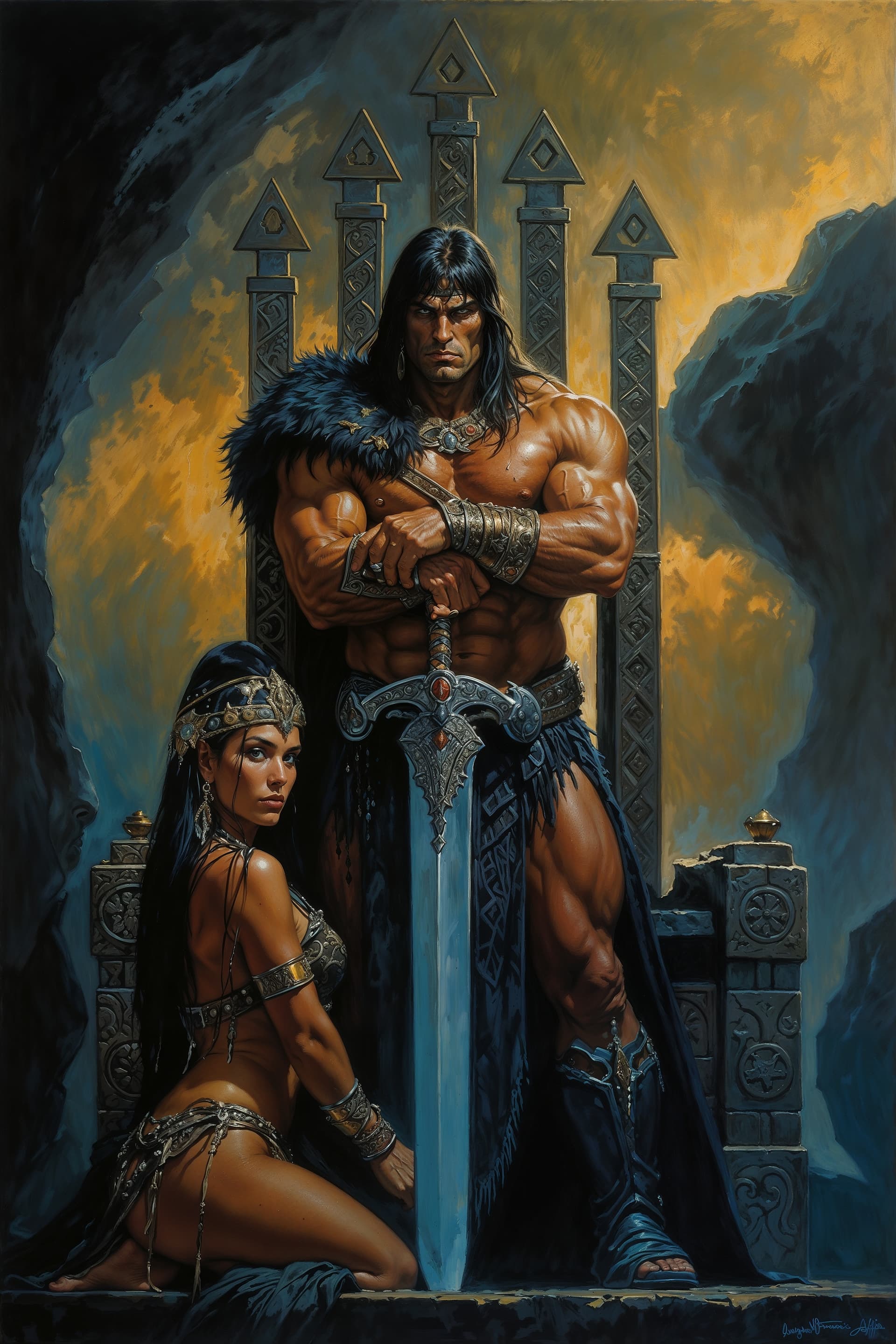 AI generated: An exquisite dark fantasy oil painting depicting the formidable Lord Conan, the emperor of the Waste...
