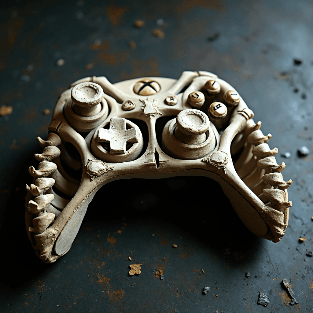 AI generated: An eerie (Xbox controller "X" "Y" "A" "B") crafted entirely from twisted, rib-like bones rests on a ...