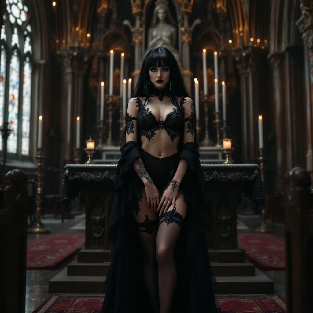 AI generated: Gothic cathedral, black hair gothic style woman, The figure is further from the camera. You can see ...